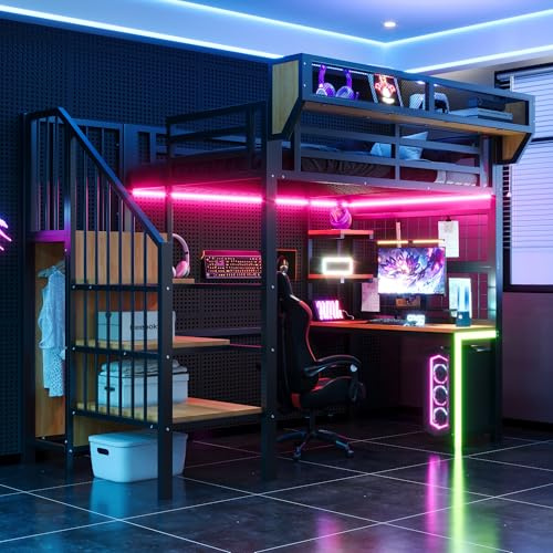 Merax Lit mezzanine en métal 90 x 200 cm, avec bureau, étagère, lit pour adolescent avec échelle de rangement, LED et prise, multifonctionnel pour enfants et adolescents, noir (sans matelas)