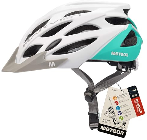 meteor Cykelhjälm för män, kvinnor och barn, elscooterhjälm, barncykelhjälm, racercykelhjälm, hjälm för mountainbike, inlines, skateboard, M 55-58 cm, vit/mint