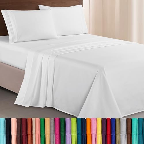 Elegant Comfort Luxurious 1500 Premium Hotel Quality Microfiber Three Line Embroidered Softest 4-Piece Bed Sheet Set, Wrinkle and Fade Resistant, Twin/Twin XL, White