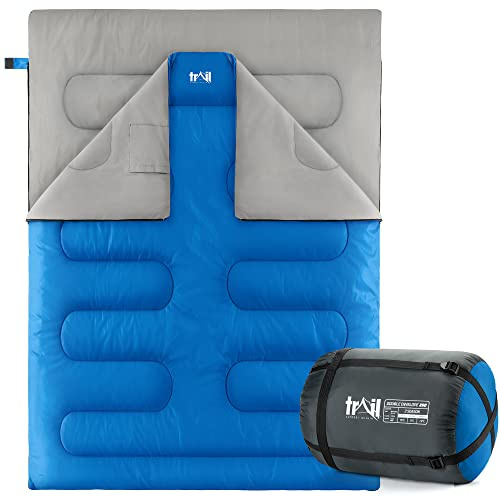 Trail Double Sleeping Bag For Adults, Envelope 2 Season Summer Spring Autumn 250gsm, Outdoor Camping, Lightweight Carry Bag, Storage Pockets, 200cm x 150cm