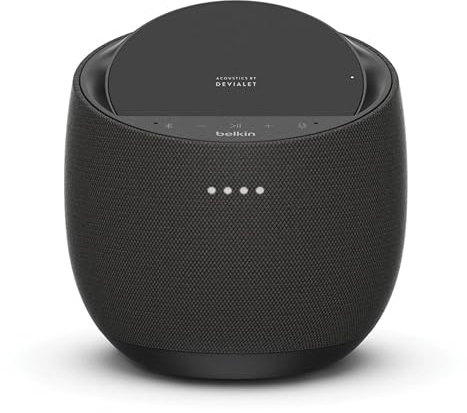 Belkin SoundForm Elite - Altavoz inteligente Hi-Fi + cargador inalámbrico (altavoz Bluetooth controlado por voz Alexa) Tecnología de sonido de Devialet (blanco)