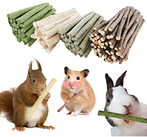 GREMBEB Bunny Chew Stick Rabbit Toy Treat 140g 4 in 1 Molar Stuff Organic Natural Snack Apple Branch Sweet Bamboo Timothy Hay Alfalfa Food Clean Teeth Hamster Chinchilla Parrot Gerbil Squirrel