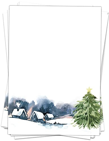 Weihnachtspapier A4 | Weihnachtsbriefpapier beidseitig bedruckt, 50 Blatt | Premium Briefpapier Weihnachten Weihnachtslandschaft gemalt | Motivpapier Schreibpapier Druckerpapier 90 g/qm