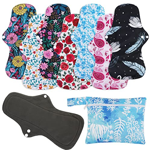 PHOGARY Reusable Menstrual Pads (7 in 1), Bamboo Cloth Pads for Heavy Flow with Wet Bag, Washable Overnight Cloth Panty Liners Period Pad, Large Sanitary Pad Set with Wings for Women