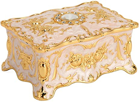 Vintage Metal Trinket Jewelry Storage Box, Rectangle Treasure Chest Box - Decorative Gift for Women & Girls (Gold White)