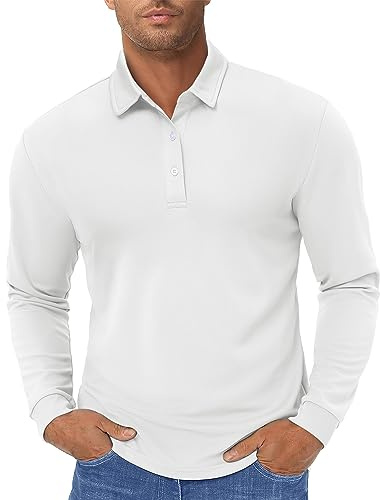 TACVASEN Mens Long Sleeve Shirts Quick Dry Golf Polo Shirt Tactical Polo Shirts Lightweight T Shirt White,L