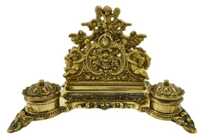 Encrier porte lettres en laiton brillant pour bureau style baroque artisanal fabriqué en Italie