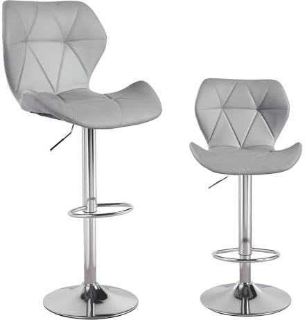 Panana Lot de 2 Tabourets de Bar, Chaises Haut, Hauteur Réglable, Revêtement en PU, Rotatif sur 360°, avec Dossier et Repose-Pieds, Pied Chromé, 49 x 35 x 107-127 cm (Gris), MEFBBC86