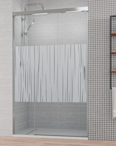 Mampara de Ducha Frontal Corredera 3 Hojas | 2 Puertas Correderas + 1 Fijo | Cristal Templado 6mm Antical Serigrafía | Altura 195cm | Perfil Cromo Brillo 155 cm (Adaptable 150,1-155cm)