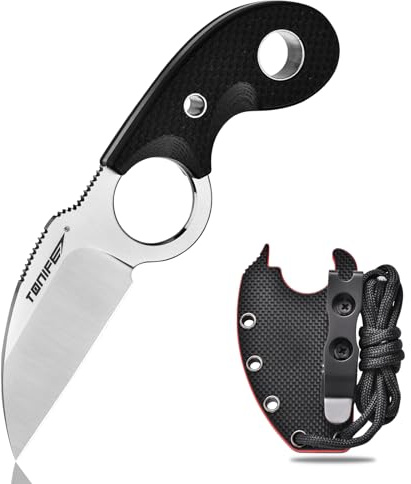 TONIFE Halvmåne Halskniv Kniv för Utomhusbruk Fast Blad i 8Cr14MoV-Stål med Slida, Nyckelband och Klämma Kniv med Full Tång Överlevnadskniv (Svart+Satin)
