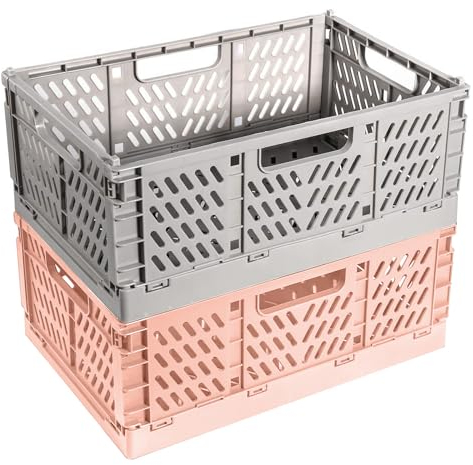 Bocguy 2 Stücke Klappkiste, Kunststoff Stabile Klappboxen, Faltbare Aufbewahrungskorb, Stapelbar Klappkisten Set für Lagerung Küche, Schlafzimmer, Arbeitszimmer, Büro, Garten (Grau+Rosa,42x28x16cm)
