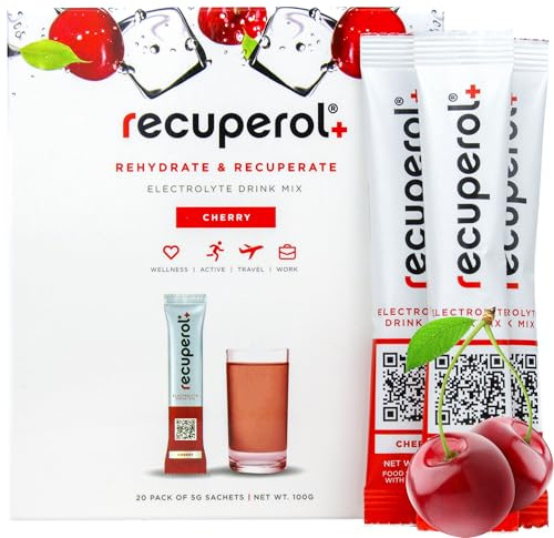 Recuperol Electrolytes Sachets - Rehydration Electrolytes Powder with Zinc, Vitamin C, B12, D3 & Potassium for Hydration - Sugar Free, Vegan & Low Calorie - Cherry 20 Pack