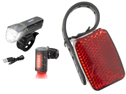 FISCHER Fahrrad-Beleuchtungsset 30/15 Lux, Akku-Leuchtenset Twin & Erwachsene Reflektor Heck Universalhalterung, rot, Universal