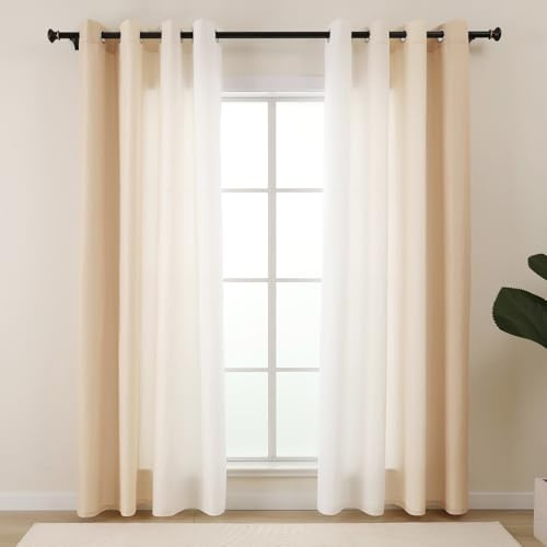 L.Z.E Cortinas de privacidad translúcidas para salón, Color Beige y Blanco, Degradado de Color, Cortinas para Dormitorio, habitación Infantil, privacidad, Juego de 2 Cortinas con Ojales, Modernas