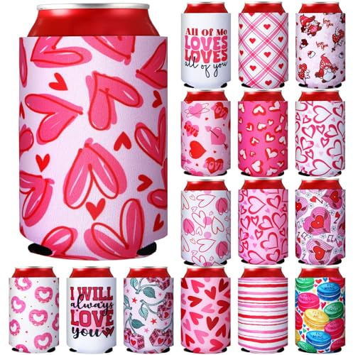 Tioncy 16 fundas enfriadoras de latas para el día de San Valentín, 12 onzas, refrescos y cerveza, manga enfriadora de bebidas de San Valentín, corazón, labios, neopreno suave, aislado, reutilizables,