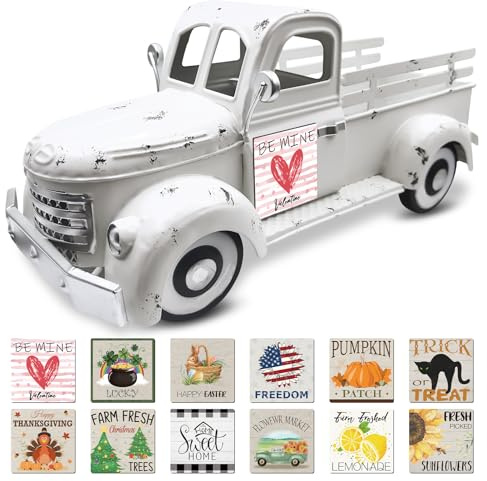 Teeloray Metal White Farm Truck, 34 cm Classic Truck Table Decoration Pick-up Truck Planter for Garden Large Seasonal Truck Sign with 12 Interchangeable Holiday Decorations for All Seasons