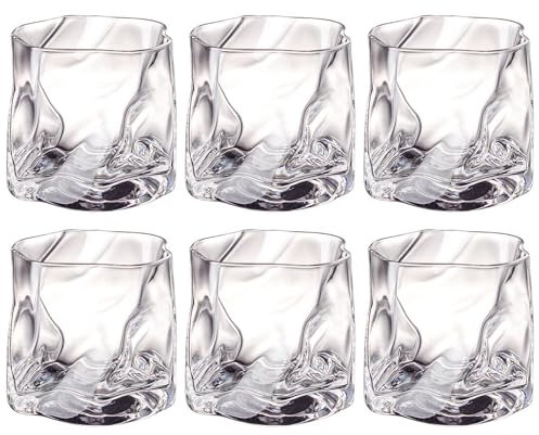 LOITTAINUE Gläser Set 6 Teilig 200ml - Unregelmäßiges Kristall Whiskeygläser - Trinkgläser Eiskaffeegläser Cocktailgläser Longdrinkgläser Wasser Tee Kaffee Saft - Spülmaschinenfest (Transparent)