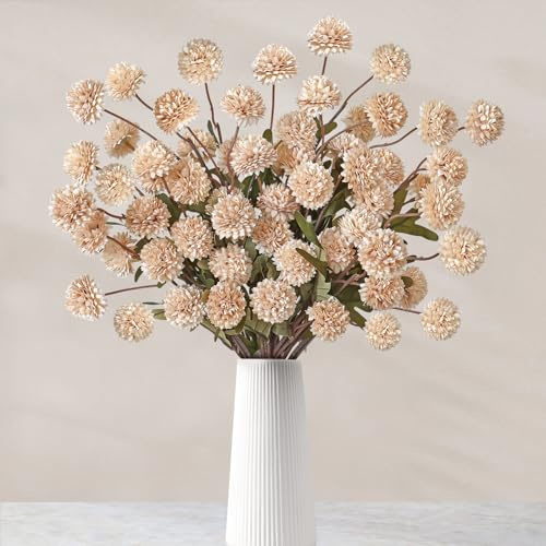 SOMYTING Konstgjorda blommor + eukalyptus, 12 st silkesblommor mini krysantemum blomsterarrangemang, konstgjord hortensia realistisk blomma, brun nude kräm neutrala blommor för dekorationer