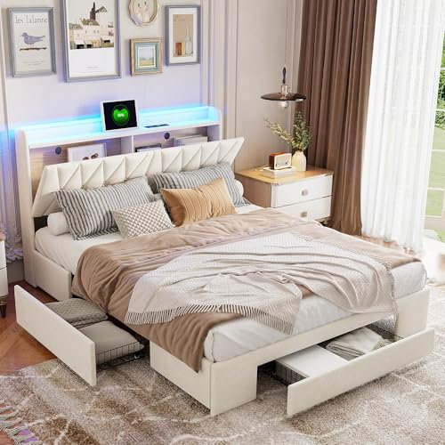 PerGar Polsterbett 140x200 mit integrierter Beleuchtung und USB-Ladefunktion, Samtbett mit 3 Schubladen und Stauraum im Kopfteil, Lattenrost-Stauraumbett, Beige, Doppelbett,Jugendbett (140x200cm)