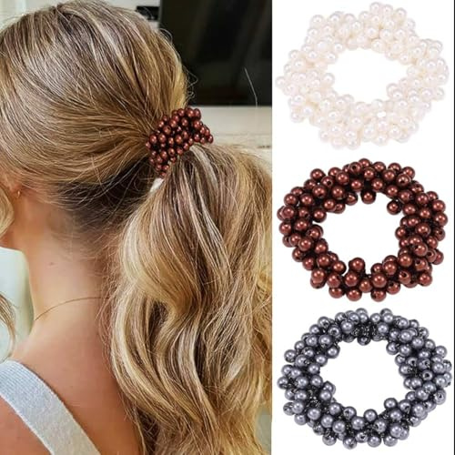 Zoestar Elastici per capelli con perle, elastici per capelli con perline, accessori per coda di cavallo, per donne e ragazze (confezione da 3) (B)