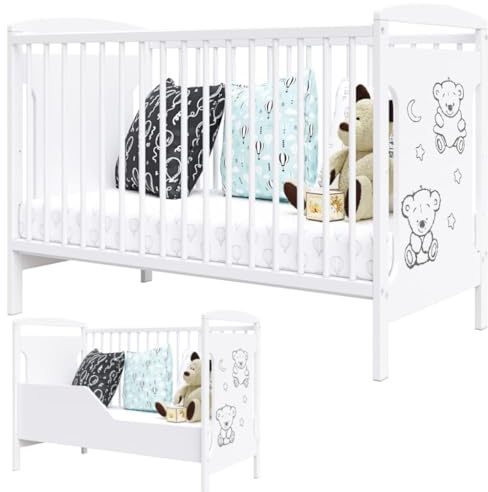 Generico Lettino per bambini Ted con kit di trasformazione e materasso 60x120cm