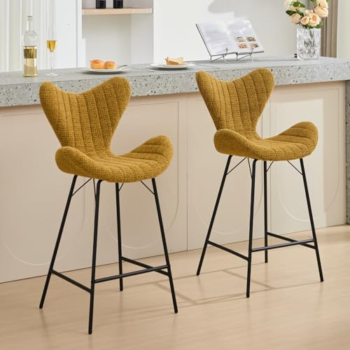 DAYALANE Lot de 2 Tabourets de Bar, Forme en Étoile, Chenille Jaune | Chaises de Bar Moderne avec Dossier Unique, Tabourets Hauts avec Pieds en Métal, pour Bar Cuisine