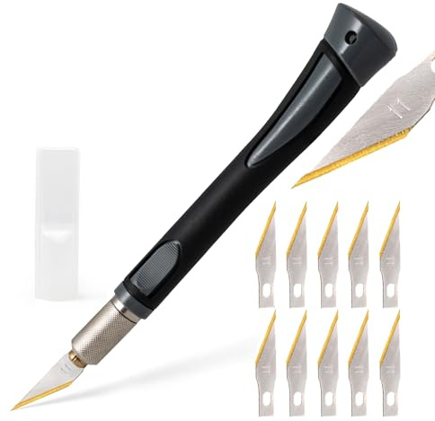 EHDIS Taglierino di Precisione con 10 Lame di Titanio, Bisturi Modellismo di Gomma Antiscivolo, Cutter di Precisione, per Lavoro Artistico Taglio, Scultura, Grigio