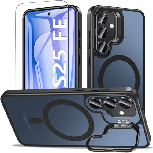 OWKEY Coque Magnétique pour Samsung S25 FE avec Béquille Intégrée,Compatible avec MagSafe,Housse Militaire avec Protection Écran,Housse Fine Antichoc Coque pour S25 FE,Translucide Noir