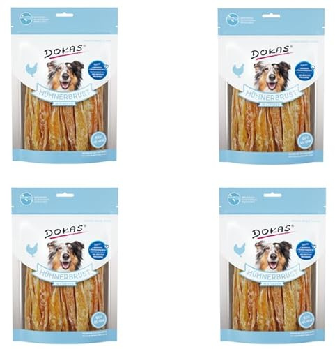 Dokas Filets de Poulet en Lanières | Pack de 4 | 4 x 250 g | Aliment complémentaire pour Chiens | Plaisir pauvre en matières Grasses | Séché à l'air pour Un goût Intense | 100% Filet de Poulet
