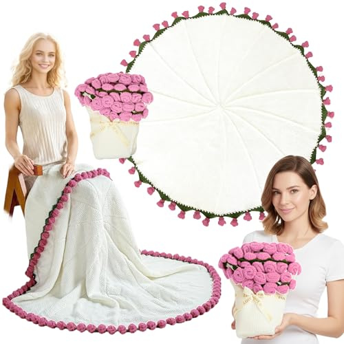 GUOMIS Ramo de Flores, Manta de Ganchillo con Ramo de Rosas terminada,con 68 Rosas de Ganchillo, Ideal para Ceremonias de graduación, San Valentín o el Día de la Madre. (Rosa)