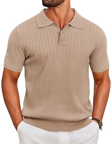 COOFANDY Polo Hombre Manga Corta de Punto Camiseta Polo Verano Casual Regular Fit Golf Shirt Caqui M