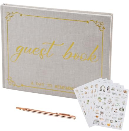 Libro de Visitas de Boda, Libro Firmas de Lino, 100 Páginas Vintage Personalizado Guest Book álbum de Invitados con Bolígrafo y Pegatinas para Bodas Fiestas Cumpleaños Comunión Bautizo, 18 x 24 cm