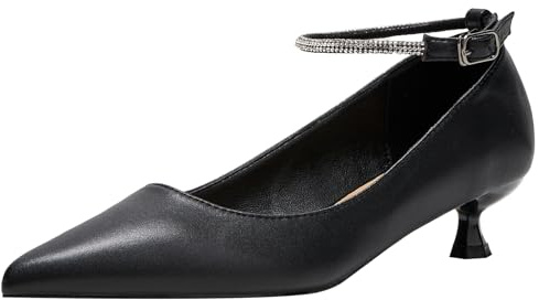 Leather(Heel: 3cm),43 EU,Tacchi Neri Donna Punta Affusolata Scarpe con Cavigliera Fibbia Strass Tacco Sottile Elegante Matrimonio Festa Serata