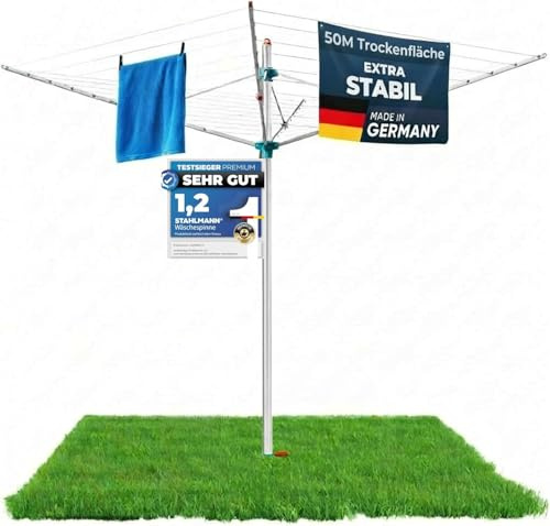 STAHLMANN® Wäschespinne draußen [Made IN Germany ] - Wäschespinne[50 M Leinenlänge] inkl. Bodenhülsen mit Deckel - höhenverstellbareWäschespinne aus hochwertigem Aluminium (50 M)