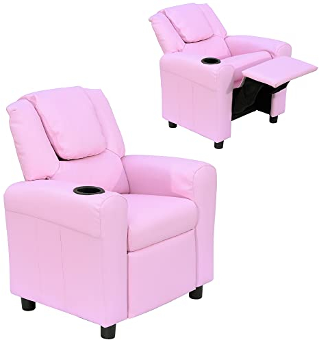 HOMCOM Kindersofa Kindersessel mit Fußstütze Armlehne Getränkehaltern verstellbare Rückenlehne Liegecouch Kindercouch Relaxsessel Kinder Sofa für 3-6 Jahre Jungen Mädchen Rosa