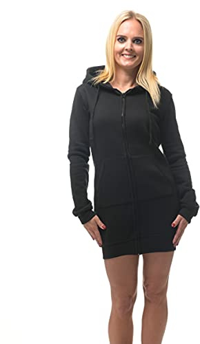 ROCK-IT Apparel sweatshirtklänning för kvinnor med dragkedja och huva - hoodie - med fickor - klänning med huva - [storlek XS-XXL] Premium - mycket mjukt tyg svart L