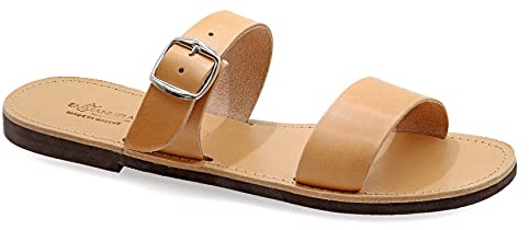 Emmanuela grekiska lädersandaler för män, högkvalitativa handgjorda herrsandaler med justerbart spännband, sommarskor med öppen tå, slide remsandaler, Beige, 42 EU