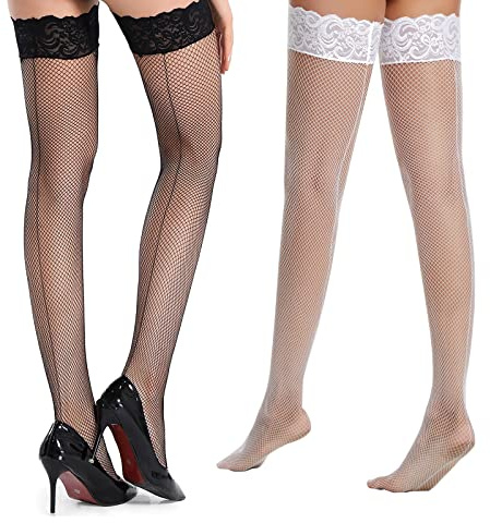 ibonas Thigh High Fishnet Stockings - 2Pack Sheer Back Seam Fish Net Tights, Nylon Hosiery Lace Top w/Silicone (Black White Stockings) Large-X-Large