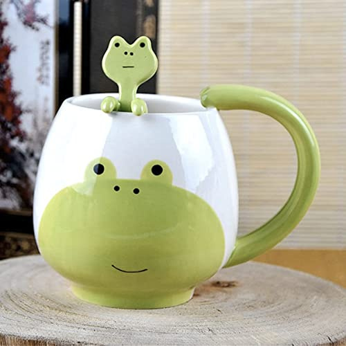 Arawat Rolig grodkopp, söt kaffekopp, groda, tekopp, keramik med sked och underlägg, 420 ml kaffemugg, grodmugg kopp, espressokoppar, kaffekopp, cappuccinokopp, födelsedagspresent