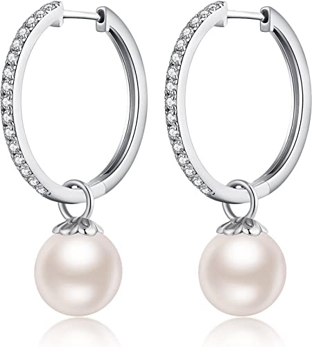 Orecchini Perle Donna in Argento Sterling 925 Orecchini a Cerchio Perle Pendenti Ipoallergenici Bianco Perla Gioielli Regali da Donna Huggie