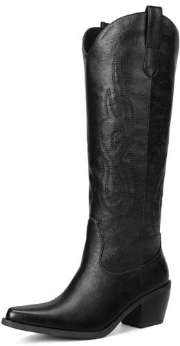 Pasuot - Stivali da cowboy da donna in stile western, al ginocchio, larghi al polpaccio, con ricami classici, punta affusolata, tacco grosso, alla moda, classici, senza lacci, per autunno e inverno