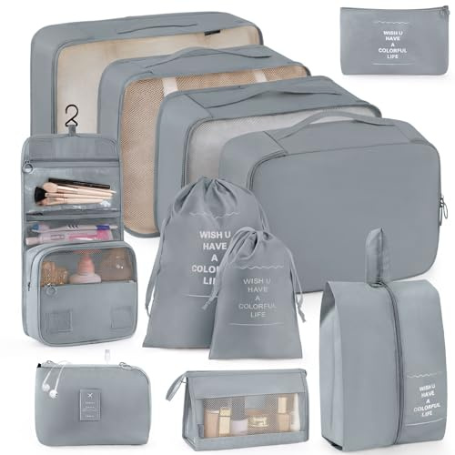 Anjing Cubos de embalaje para maleta, 11 unidades, organizadores de equipaje esenciales de viaje, organizador de equipaje, bolsa de aseo con gancho, bolsa de cosméticos y bolsa de zapatos, color gris