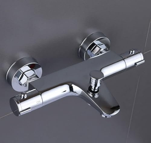 Grifo de bañera con termostato 20-50℃, mezclador de ducha de acero inoxidable con 2 salidas de agua, grifo de baño cromado, protección contra quemaduras con botón de seguridad de 38 °C