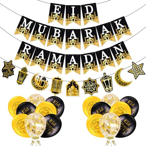 AhfuLife Décorations du Ramadan Mubarak, décorations de l'Aïd Mubarak pour la maison, bannières pré-assemblées pour l'Aïd Ramadan – Décorations islamiques noires et dorées avec 16 ballons pour