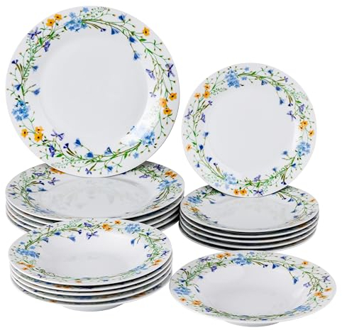 Baroni Home Vajilla de Porcelana y Gres de 18 Piezas, Vajilla de Color para 6 Personas, Plato Hondo, Plato Llano, Fruta o Postre, Flores Silvestres
