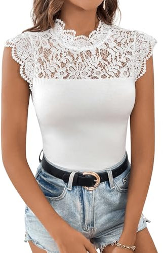 GORGLITTER Spitzen Body Bodysuit Damen Spitzenbody Elegant Blusebody Oberteile Flügelärmel Bodys