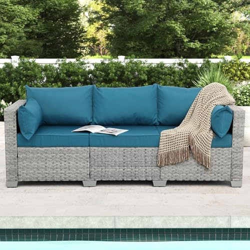 WAROOM Outdoor Couch 3 Seater Wicker Patio Sofa Grey Rattan Balcony Furniture Deep Seat Porch Seating, Peacock Blue Cushion