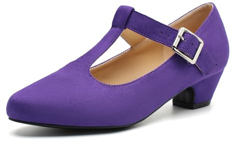 MAIERNISI JESSI Women's T-Strap Mary Jane Pumps Low Chunky Heel Wedding Dress Shoes, Purple Suede, 6.5 UK