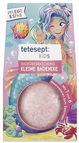 tetesept KIDS Badeüberraschung Kleine Badenixe 140 g – Sprudelnde Badekugel mit beerigem Duft und Meerestier-Sammelfigur – Hautpflegender Badespaß und rosa Wasser, vegan