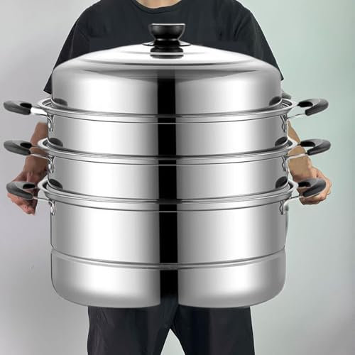 Stainless Steel Steamer Pot, 15.7-Inch 3-Tier Induction Cooking Pot with Lid and Handles, Multipurpose Cookware for Dumplings, Seafood, and Tamales
